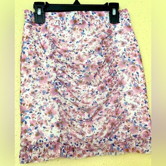 Free People | Romi Mesh Floral Pink Purple Ruched Ruffle Skirt - Size XS - Picture 3 of 4